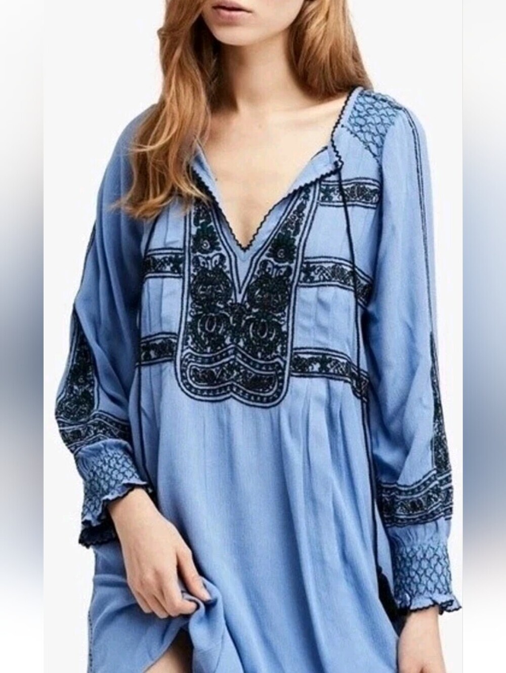 Free People Blue Embroidered V-Neck Women's Mini Dress